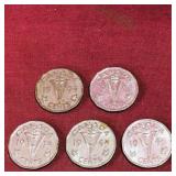 Lot Of 5 1944-45 Canadian "Victory" 5 Cent Coins