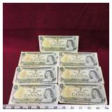 Lot Of 7 1973 Canadian $1 Paper Money Bills