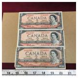 Lot Of 3 1954 Canadian $2 Paper Money Bills