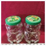 Pair Of Glass Kraft Teddy Bear Peanut Butter Jars