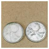 Lot Of 2 Silver 1955 Canadian 25 Cent Coins