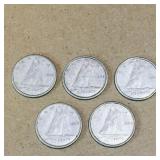 Lot Of 5 Silver 1950 Canadian 10 Cent Coins