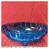 Large Footed Blue Glass Fruit Bowl (Vintage)
