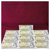 10 Consecutive Serial # 1973 Canada $1 Bills