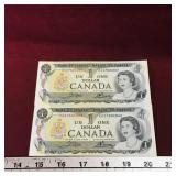 2 Consecutive Serial # 1973 Canada $1 Bills