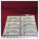 Lot Of 6 Canadian Tire 25 Cent Paper Money Bills
