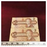 Lot Of 2 1986 Canadian $2 Paper Money Bills