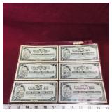 Lot Of 6 Canadian Tire 3 Cent Paper Money Bills