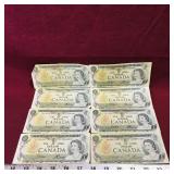 Lot Of 8 1973 Canadian $1 Paper Money Bills