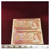 Lot Of 2 1974 Canadian $2 Paper Money Bills