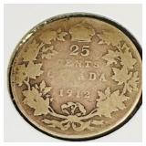 Silver 1912 Canadian 25 Cent Coin