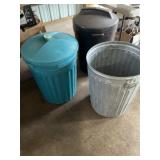 Three Garbage Cans - Two Plastic, One Metal