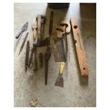 Assorted Tools - Hatchet, Level, Saws, Files,