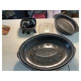 Two Enamel Roasting Pans, Small Electric Fry Pan