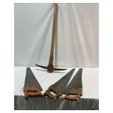 Vintage Pick Axe, Disston Hand Saws - Qty 3