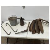 Meat Hooks, Pelt Stretching Boards, Pail, Oil Can