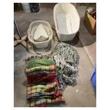 Vintage Wicker Bassinet, Blankets, Hammock