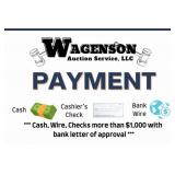 Payment: Cash, Cashiers Check, Wire