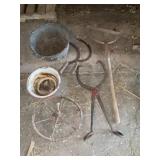 Vintage Ice Tongs, Enamelware, Knives, Wheel,