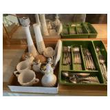 Silverware w/Tray, White Glassware,  Cream/