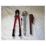 Bolt Cutter, Craftsman Adj Wrench, Ridgid Pipe