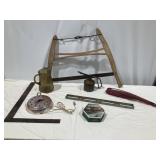 Vintage Buck Saw, Clock, Bicycle Tank, Oil Can