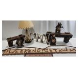 Table Lamp w/Matching Cabin Sign,  Bear Figurines,