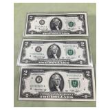 3 Uncirculated 2.00 US Notes