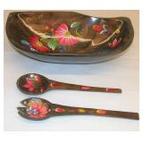 Vintage Wood Hand Painted Salad Bowl set
