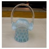Fenton Blue Opalescent Coin Dot Basket