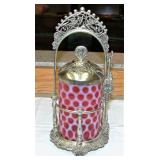 Fenton Cranberry Coin Dot Pickle Caster Set