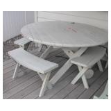 Wood Round Deck Table & 4 Benches