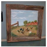 Oil on Canvas Barnyard Rustic Frame Signed