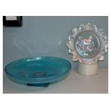 Vintage Blue Stretch Glass & Iridescent Bird Plat