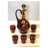 Bohemian Dark Amber Gold Cut Glass Decanter Set