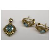 10K Gold Blue Zircon Diamond Pendant and Earrings