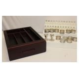Wood Box Platted Silver Napkin Rings & Salt Shaker