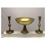 Vintage Brass Pedestal Bowl & Candleholders