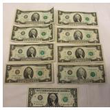Vintage 2 & 1 Dollar Bills Currency Lot