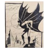 Batman drawing on vintage paper. Framed