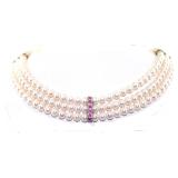 NO RESERVE 5 Ct Sapphire 3 Row 6MM Pearl Necklace