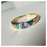 Tanzanite, Black Opal & Diamond Ring in 14k Gold
