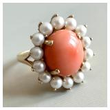 14K Gold Angel Skin Coral & Pearl Cluster Ring