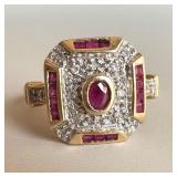 14K Gold Ruby & Diamond Statement Ring Deco Design