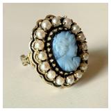 14K Gold Cameo Ring Seed Pearl Halo Vintage Style