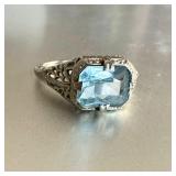 Antique Aquamarine Ring 14K White Gold 9.4mm Stone