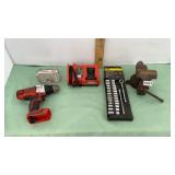 Vise, socket set, drill