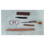 Straight razor, vintage glasses, Stanley rule,