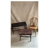 Piano bench, small table, chair