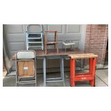 Stepstool lot and saw horses with folding chair